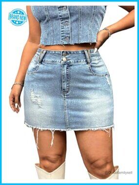 Plus Size Distressed Denim Mini Jean Skirt High Rise Frayed Hem Y2K